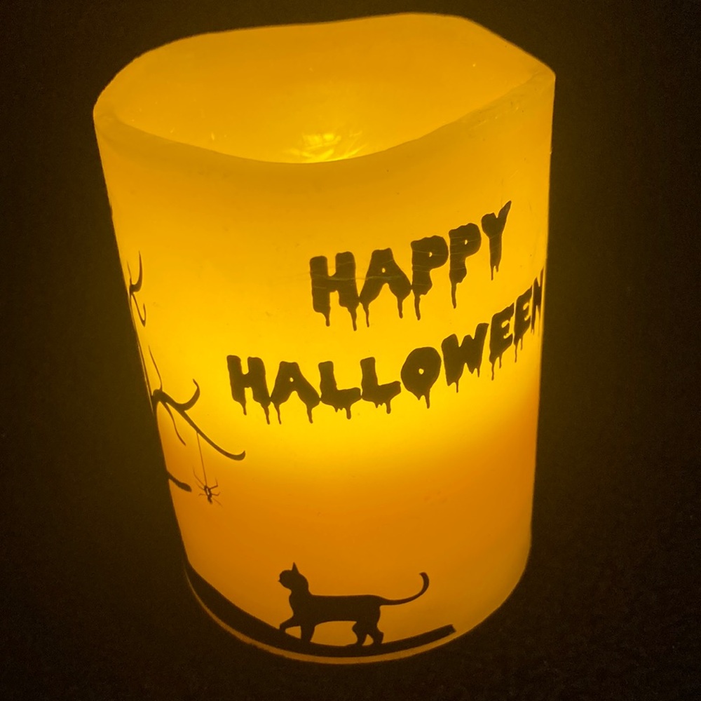 Happy Halloween Orange Spooky Cat Battery Operated Flickering Candle 4” Tall